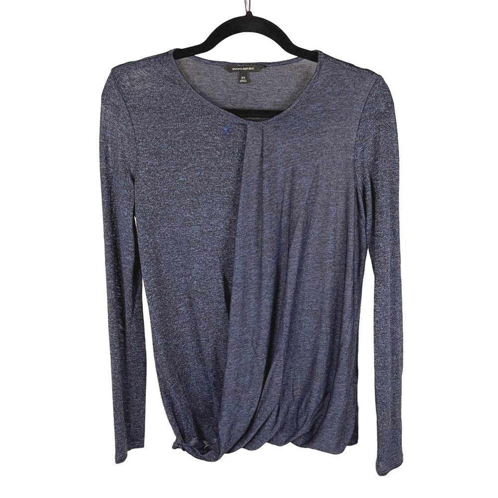 Banana Republic Faux Wrap Long Sleeve Top Blue Stretch Round Neck Womens Size XS